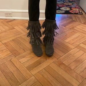 Minnetonka Grey Fringe Boot
